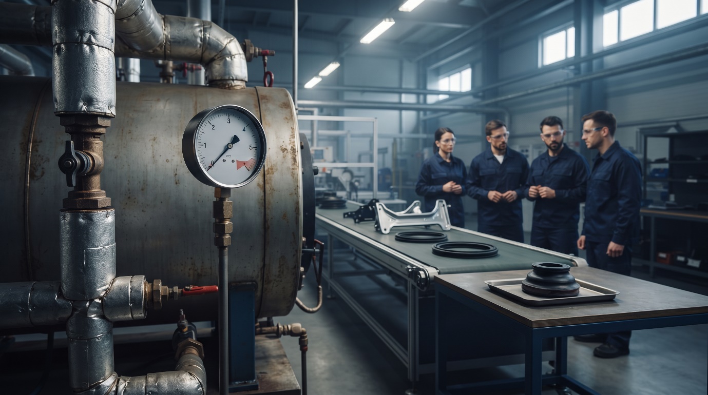 Industrial boiler pressure gauge in a manufacturing facility
