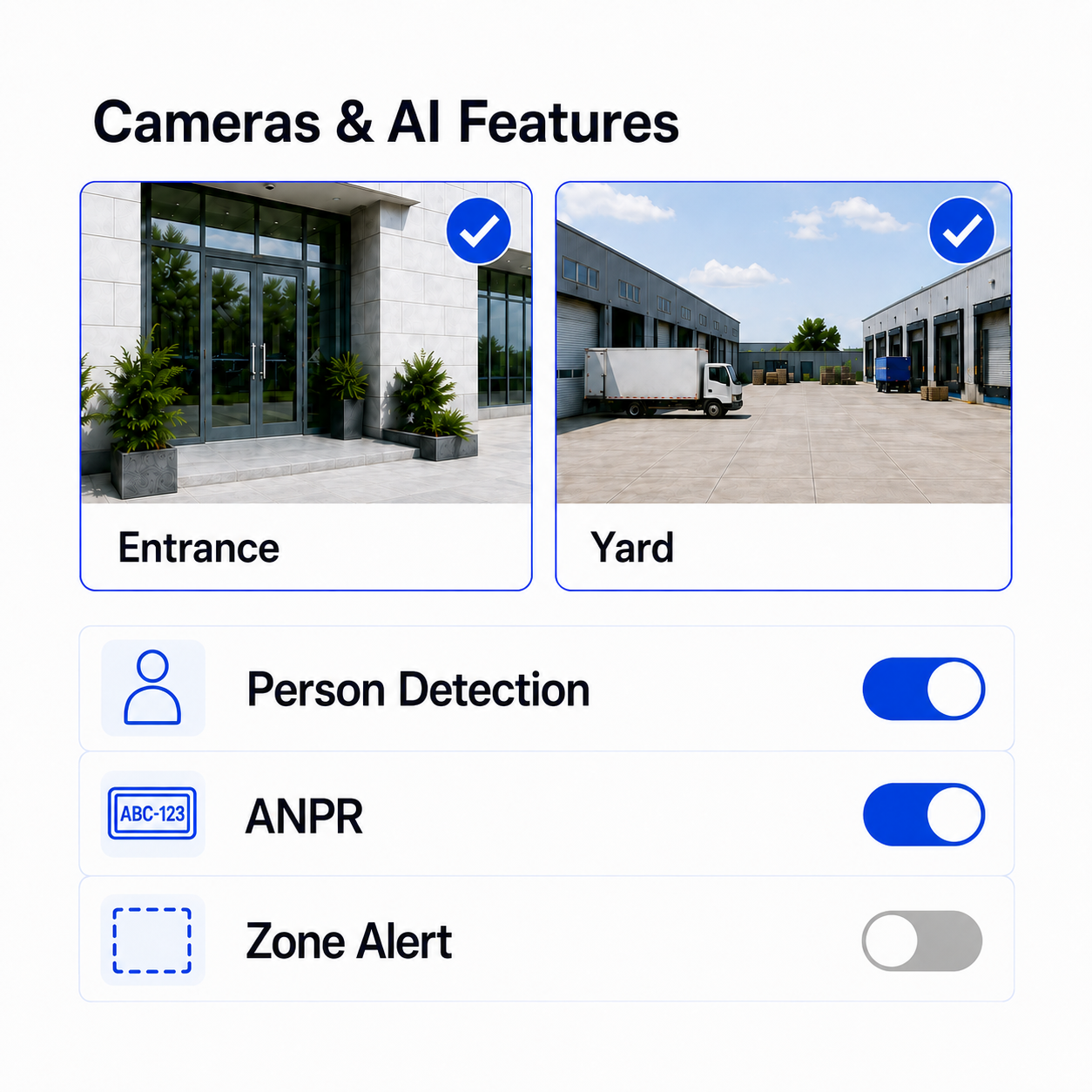 AionEdge dashboard for selecting camera feeds and AI features