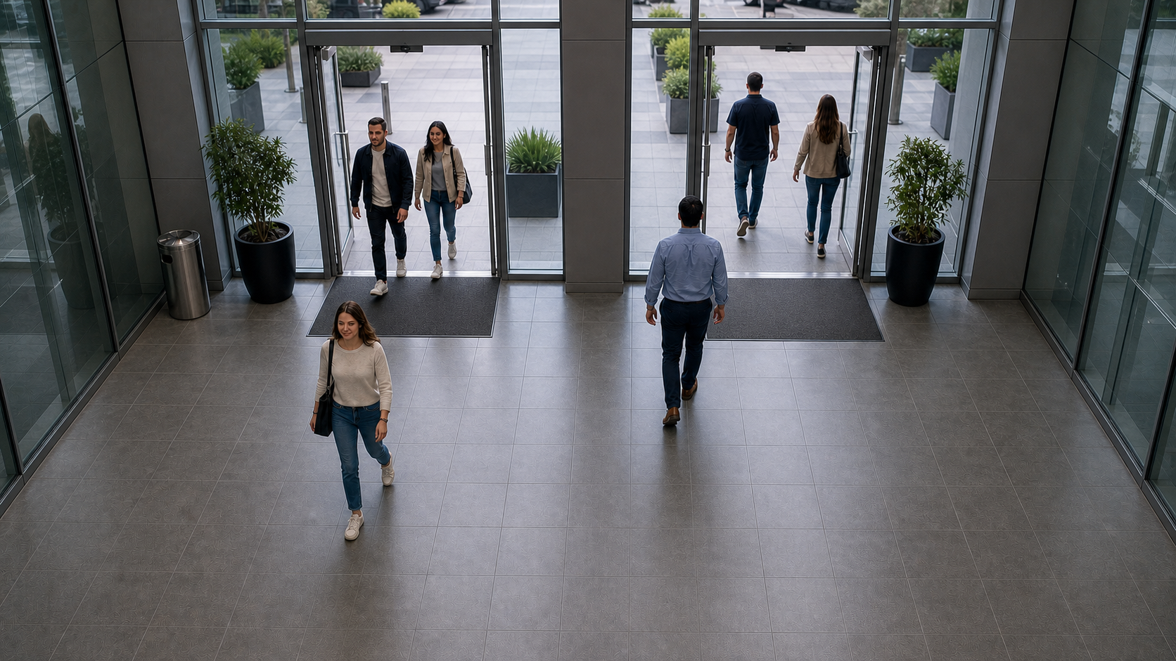 Two-door building entrance with people entering and exiting