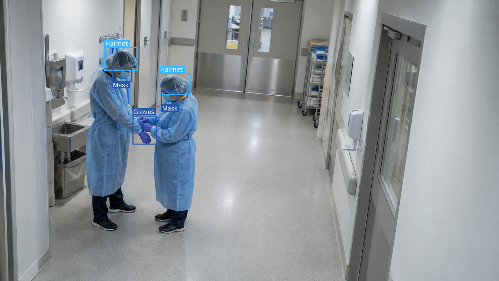 Hospital staff wearing protective gowns, masks, gloves, and hairnets
