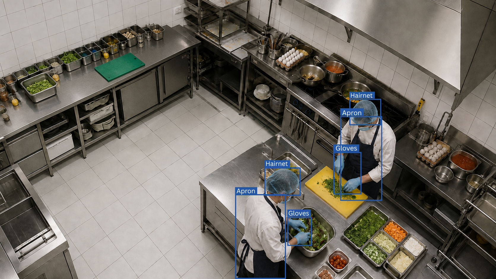 Kitchen staff wearing hygiene gear while preparing food