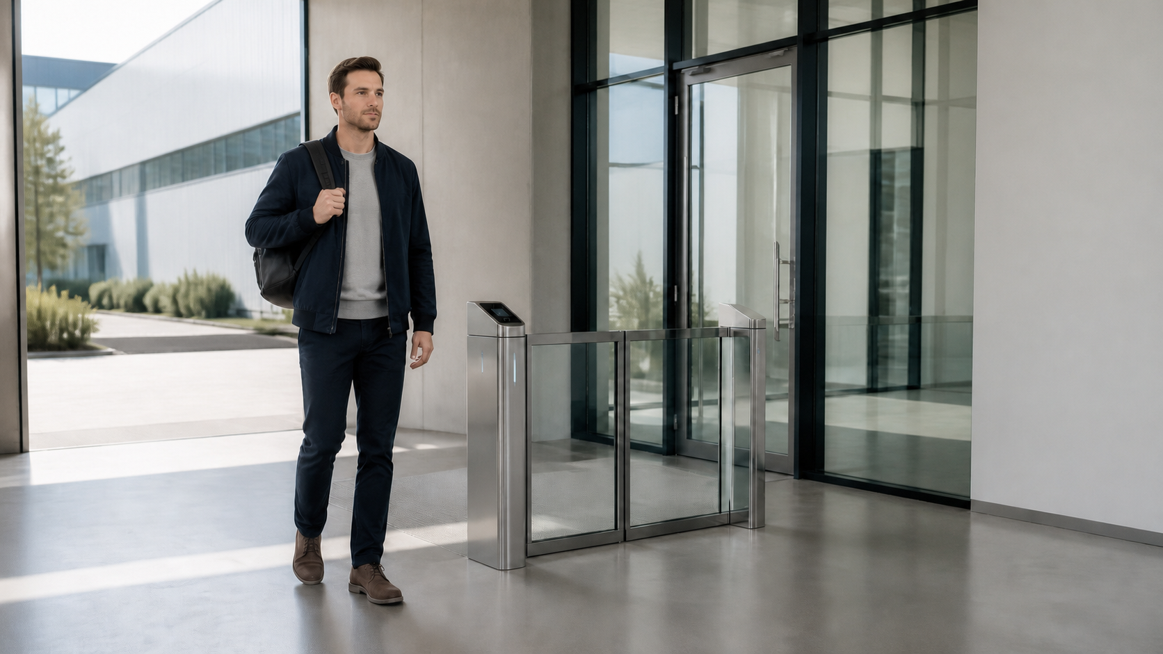 Visitor approaching a controlled staff entrance with a turnstile