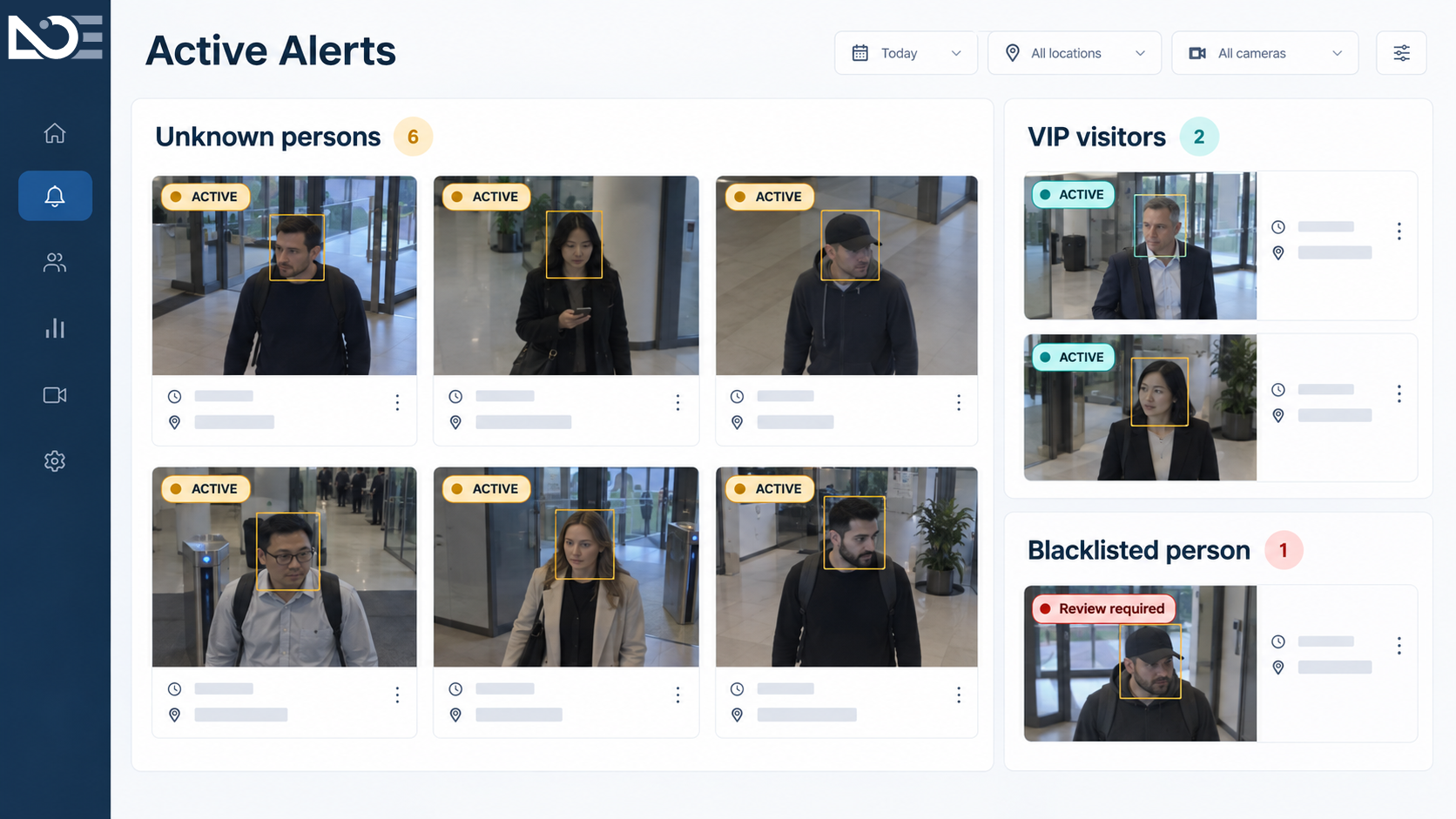 Active visitor alerts dashboard showing unknown-person, VIP visitor, and blacklisted-person alerts