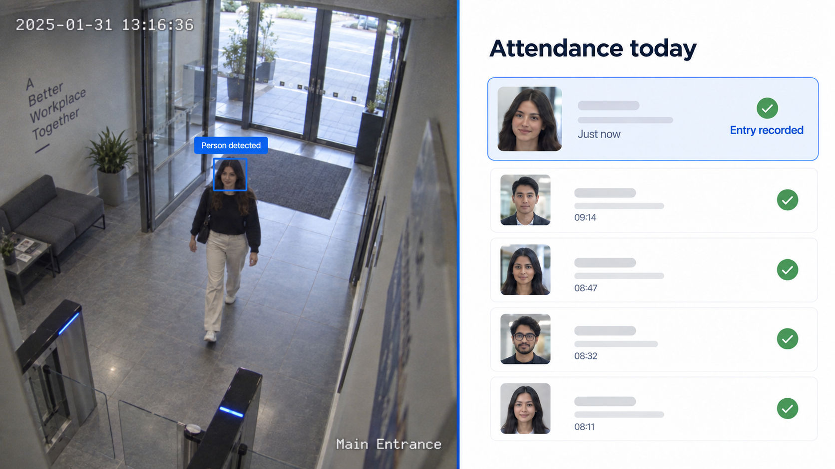 CCTV-based attendance dashboard showing a detected person recorded as the latest entry
