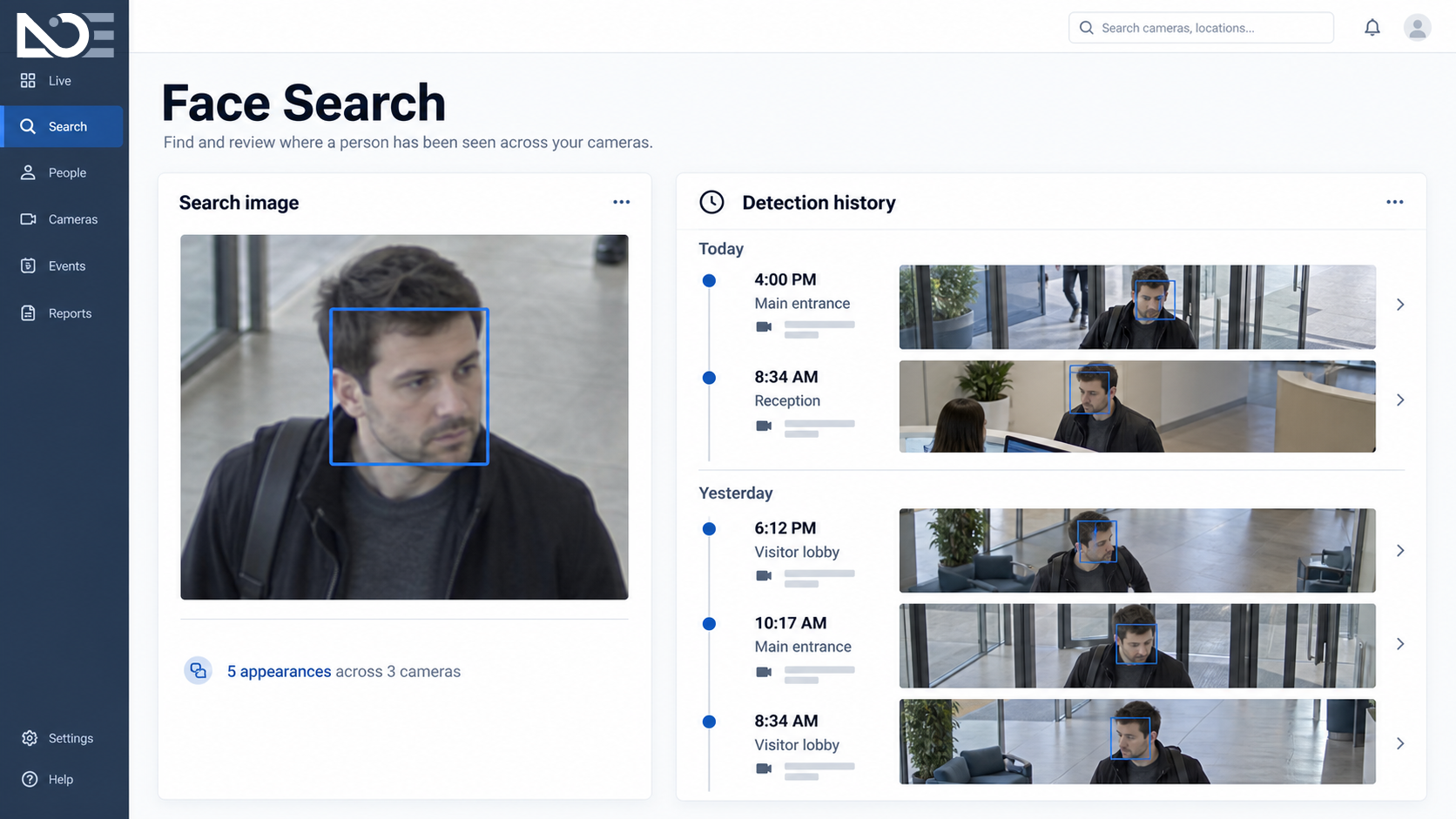 Face search dashboard showing a person's prior appearances in camera history