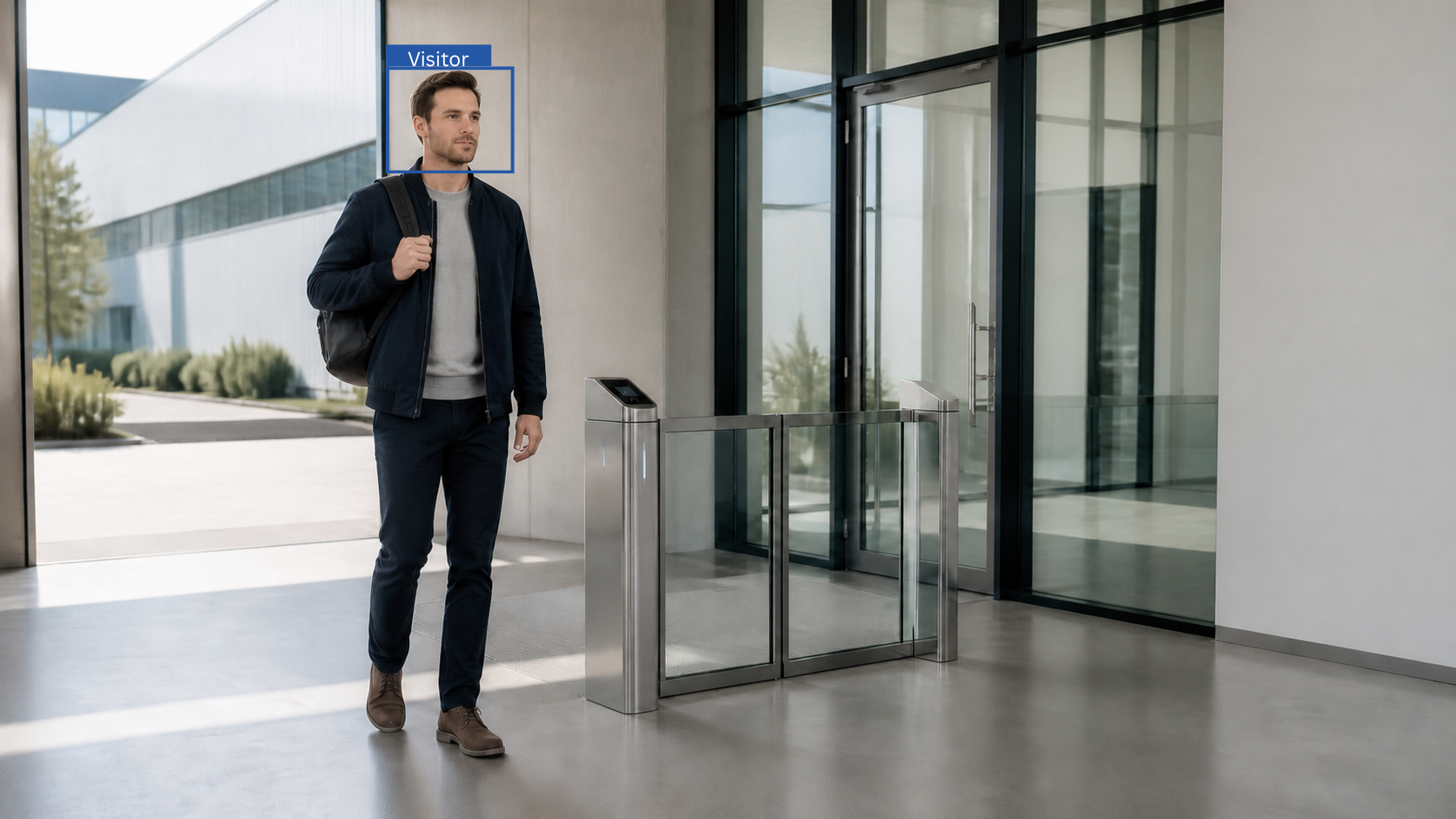 Visitor at a controlled entry point with a face detection box