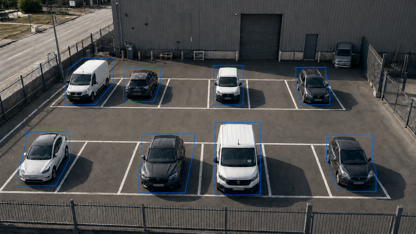 Vehicle yard with AI ON EDGE occupancy detection overlays